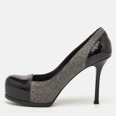Pre-owned Saint Laurent Tribtoo Size 37.5 Black Check Fabric And Patent Leather Platform Pumps