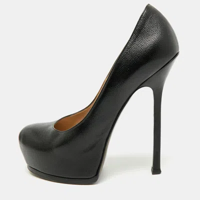Pre-owned Saint Laurent Tribtoo Size 37.5 Black Leather Platform Pumps