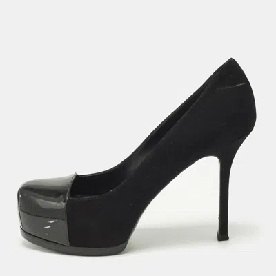 Pre-owned Saint Laurent Tribtoo Size 38 Black Patent Leather And Suede Platform Pumps