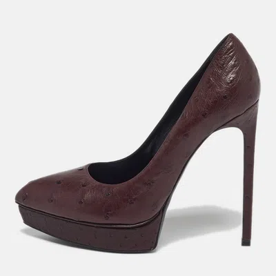 Pre-owned Saint Laurent Tribtoo Size 38 Brown Ostrich Leather Platform Pumps