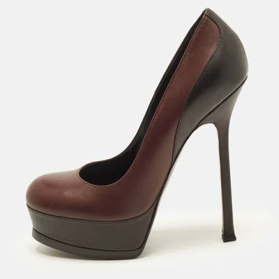 Pre-owned Saint Laurent Tribtoo Size 38 Burgundy/black Leather Platform Pumps