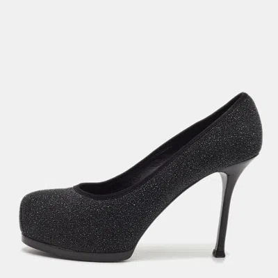 Pre-owned Saint Laurent Tribtoo Size 38.5 Black Metallic Embossed Suede Platform Pumps