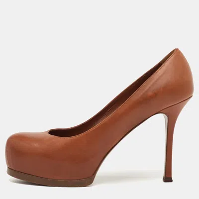 Pre-owned Saint Laurent Tribtoo Size 38.5 Brown Leather Platform Pumps