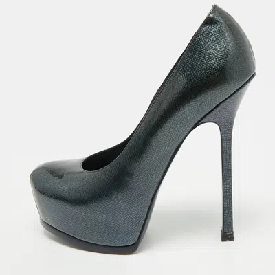 Pre-owned Saint Laurent Tribtoo Size 38.5 Metallic Blue Patent Leather Platform Pumps