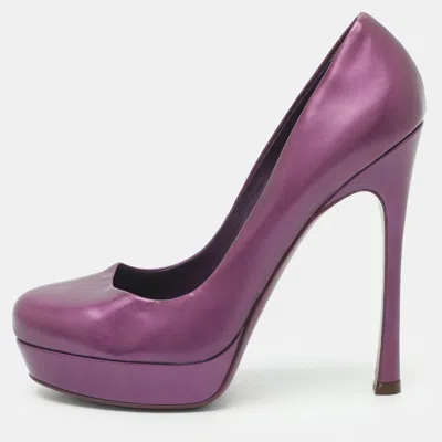 Pre-owned Saint Laurent Tribtoo Size 38.5 Purple Leather Platform Pumps