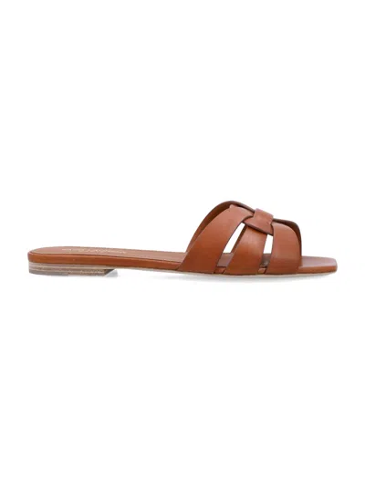 Saint Laurent Refined Brown Calf Leather Tribute Mules In Beige