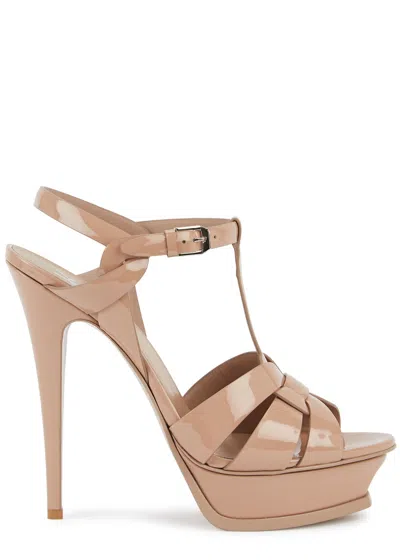 Saint Laurent Tribute 100 Leather Platform Sandals In Nude