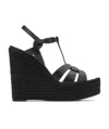 Saint Laurent Tribute Woven Leather Espadrille Wedge Sandals In Black