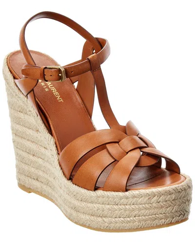 Saint Laurent Tribute 85 Leather Espadrille Wedge Sandal In Brown