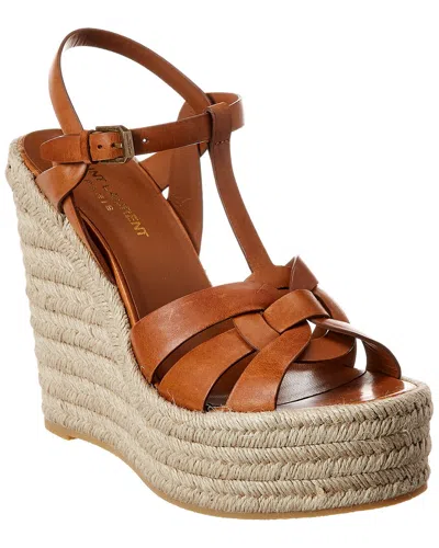 Saint Laurent Tribute 85 Leather Espadrille Wedge Sandal In Brown