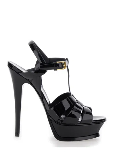 Saint Laurent Tribute Black Sandals With Logo In Patent Leather Woman