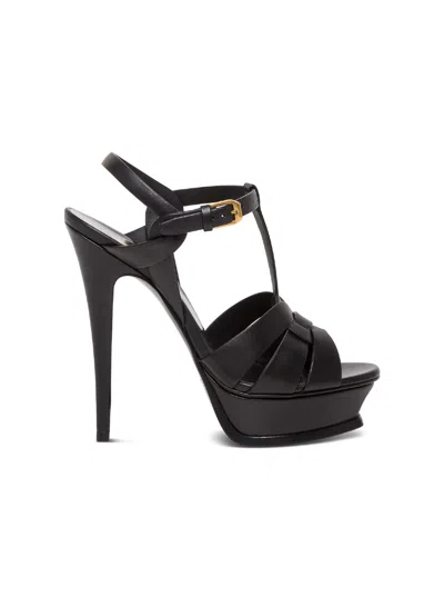 Saint Laurent Tribute Black Sandals With Logo In Patent Leather Woman