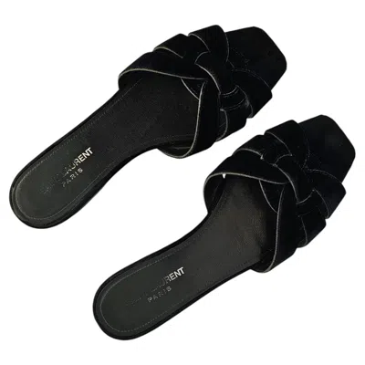 Pre-owned Saint Laurent Tribute Black Velvet Flat Slides Nu Pieds Eu 40 Us 10 Box Set
