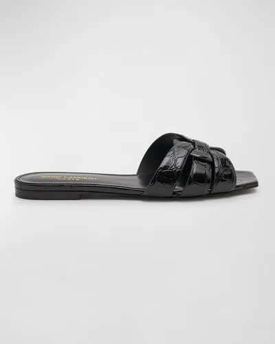 Saint Laurent Tribute Croco Flat Slide Sandals In Black