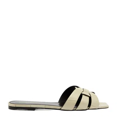 Saint Laurent Tribute Crocodile-effect Leather Sliders In Nude