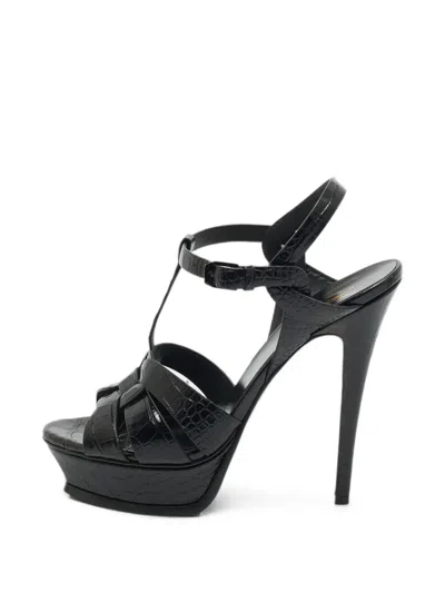 Pre-owned Saint Laurent Tribute Crocodile-effect Platform Sandals In Black