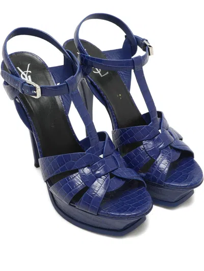 Pre-owned Saint Laurent Tribute Embossed-leather Platform Sandals In Blue
