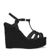 Saint Laurent Jute Wedge Leather Sandals In Black