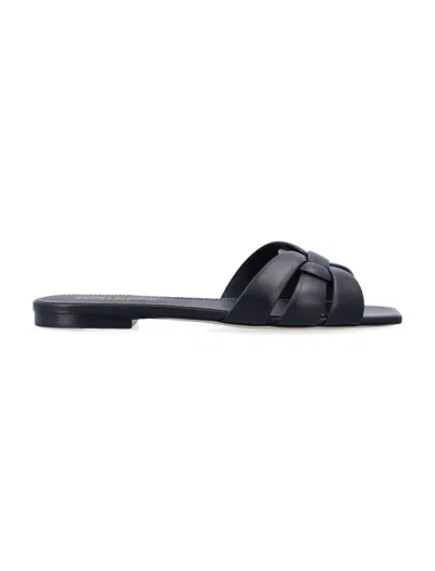 Saint Laurent Square-toe Intertwining Strap Sandals With 0.5 Cm Leather Heel In Black