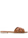 Saint Laurent Tribute Woven Leather Flat Sandals In Brown