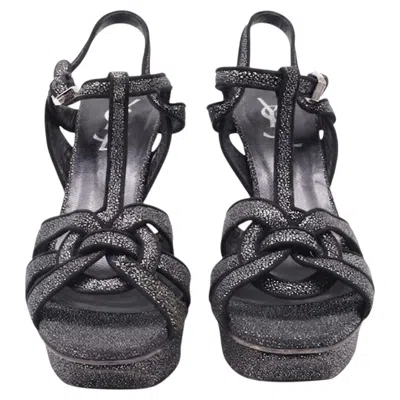 Pre-owned Saint Laurent Tribute Glittered Platform Sandals In Black Suede