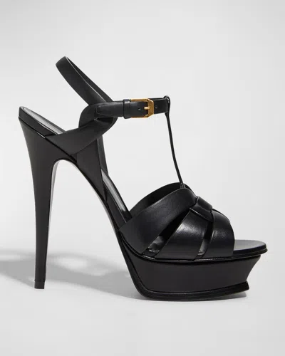 Saint Laurent Tribute Leather 105mm Platform Sandals In Black