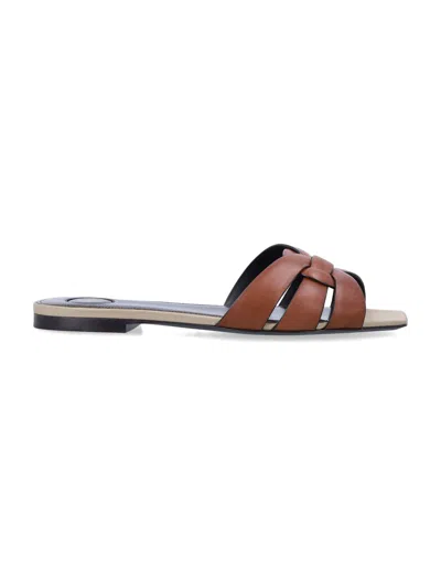 Saint Laurent Tribute Leather And Canvas Flat Sandals In Brown