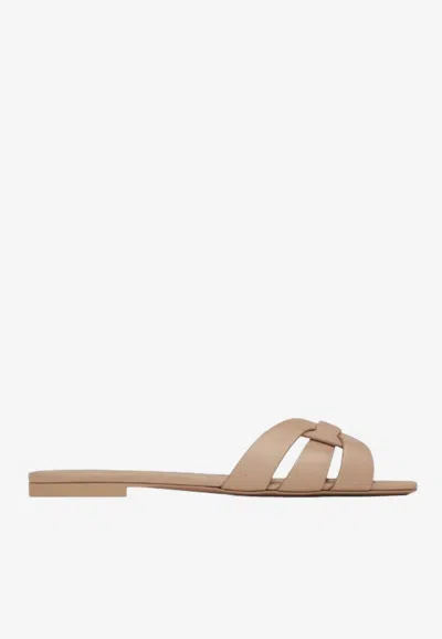 Saint Laurent Tribute Leather Flat Sandals In Neutral