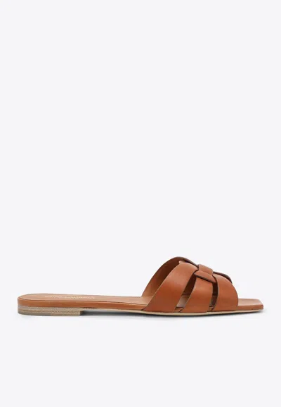 Saint Laurent Leather Tribute Flats With 1.5cm Heel For Women In Brown