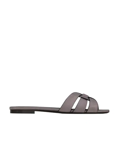 Saint Laurent Strappy Square Toe Sandals With Interwoven Design In Grey