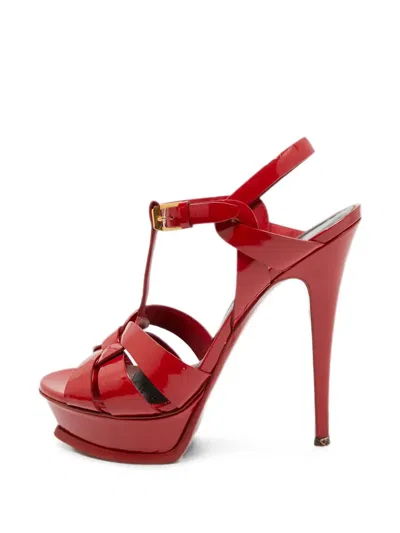 Pre-owned Saint Laurent Tribute Leather Heeled Sandals In Red