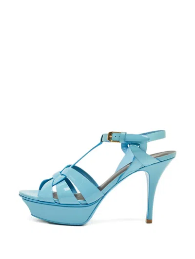 Pre-owned Saint Laurent Tribute Leather Platform Sandals In Blue