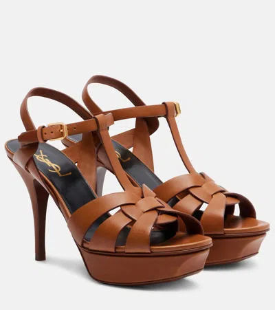 Saint Laurent Tribute Platform Sandals In Smooth Leather In Brown