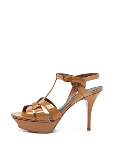 Pre-owned Saint Laurent Tribute Leather Platform Sandals In Brown