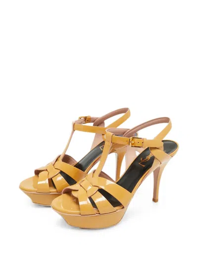 Pre-owned Saint Laurent Tribute Leather Platform Sandals In Neutral