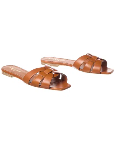 Saint Laurent Tribute Woven Leather Flat Sandals In Brown