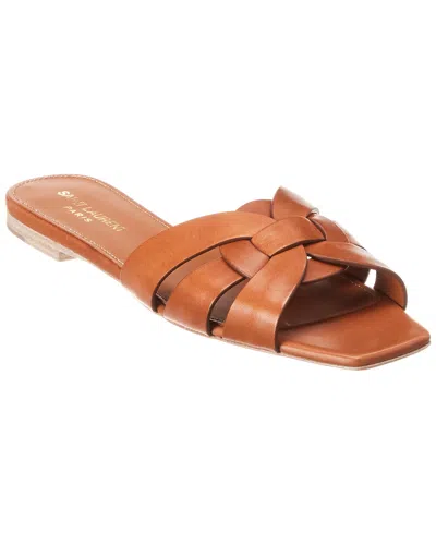 Saint Laurent Tribute Woven Leather Flat Sandals In Brown