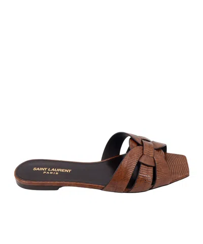 Saint Laurent Tribute Woven Tortoise Shell Slide Sandals In Brown