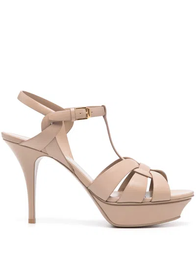 Saint Laurent Tribute Platform Sandals In Smooth Leather Beige In Neutral