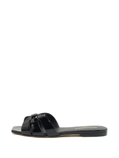 Pre-owned Saint Laurent Tribute Leather Slides In Black