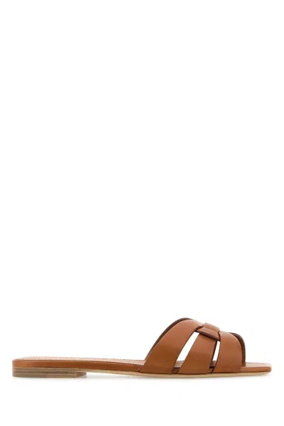 Saint Laurent Caramel Leather Tribute Slippers In Brown