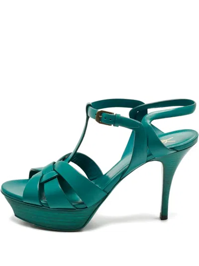 Pre-owned Saint Laurent Tribute Leather Strappy Sandals In Green