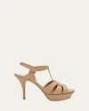 Saint Laurent Tribute Leather T-strap Platform Sandals In Dark Beige