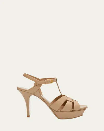 Saint Laurent Tribute Leather T-strap Platform Sandals In Dark Beige