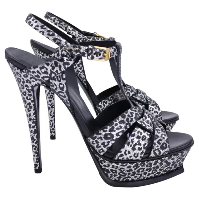 Pre-owned Saint Laurent Tribute Leopard Print T-strap Platform Heels In Silver Leather In Black