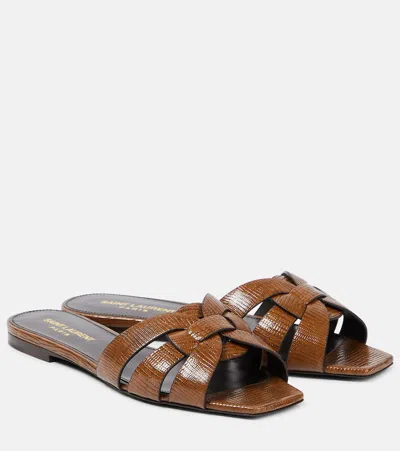 Saint Laurent Tribute Lizard-effect Leather Sandals In Brown