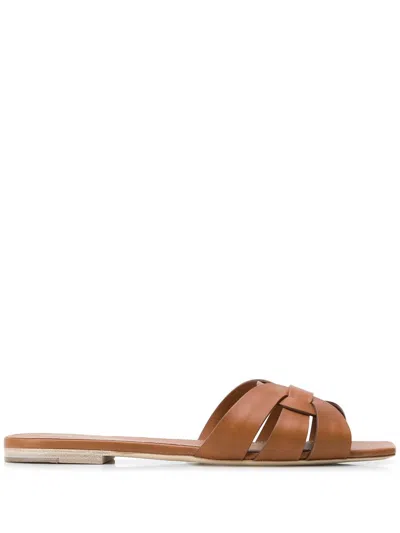 Saint Laurent Tribute Woven Leather Flat Sandals In Brown