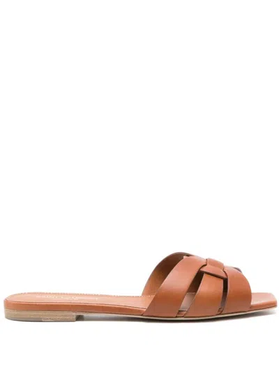 Saint Laurent Tribute Woven Leather Flat Sandals In Brown