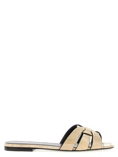 Saint Laurent Tribute Crocodile-effect Leather Sliders In Ivory