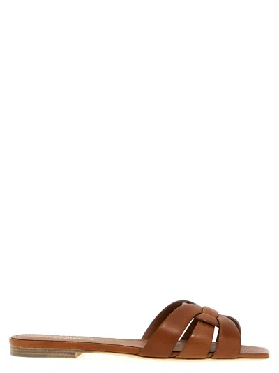 Saint Laurent Leather Tribute Flats With 1.5cm Heel For Women In Brown
